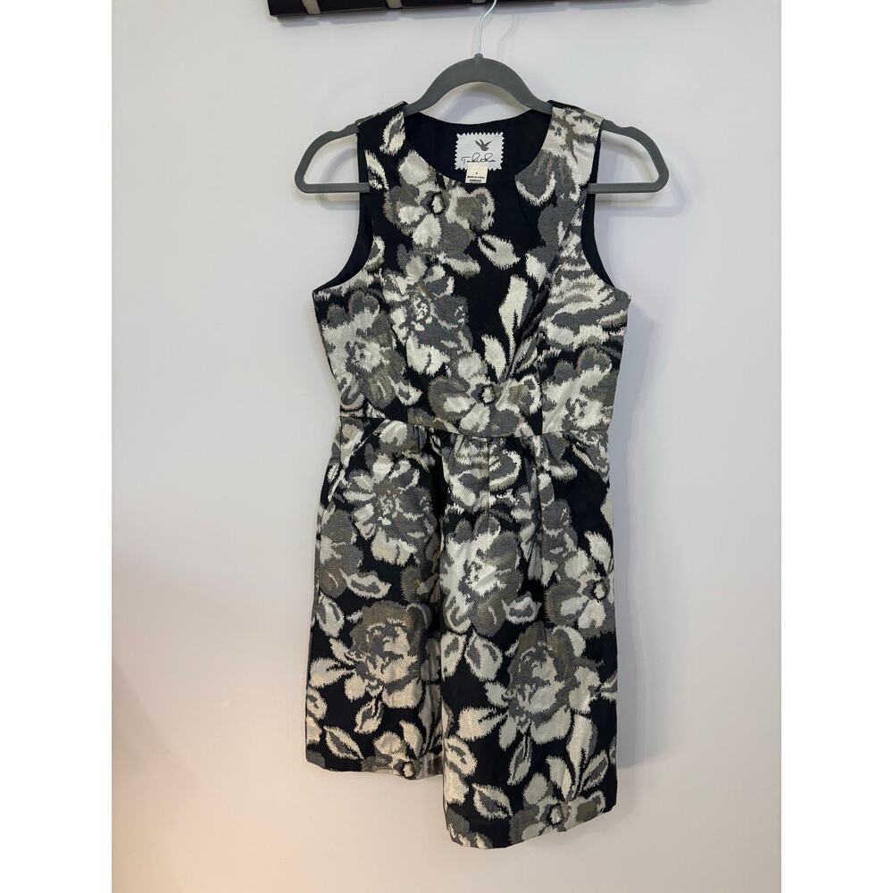 Tabitha for Anthropologie, jacquard dress, black and metallic silver floral SZ 4